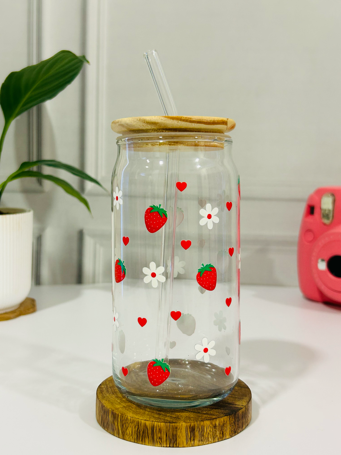 Strawberry Shortcake Sip- Glass Tumbler with Bamboo Lid & Straw