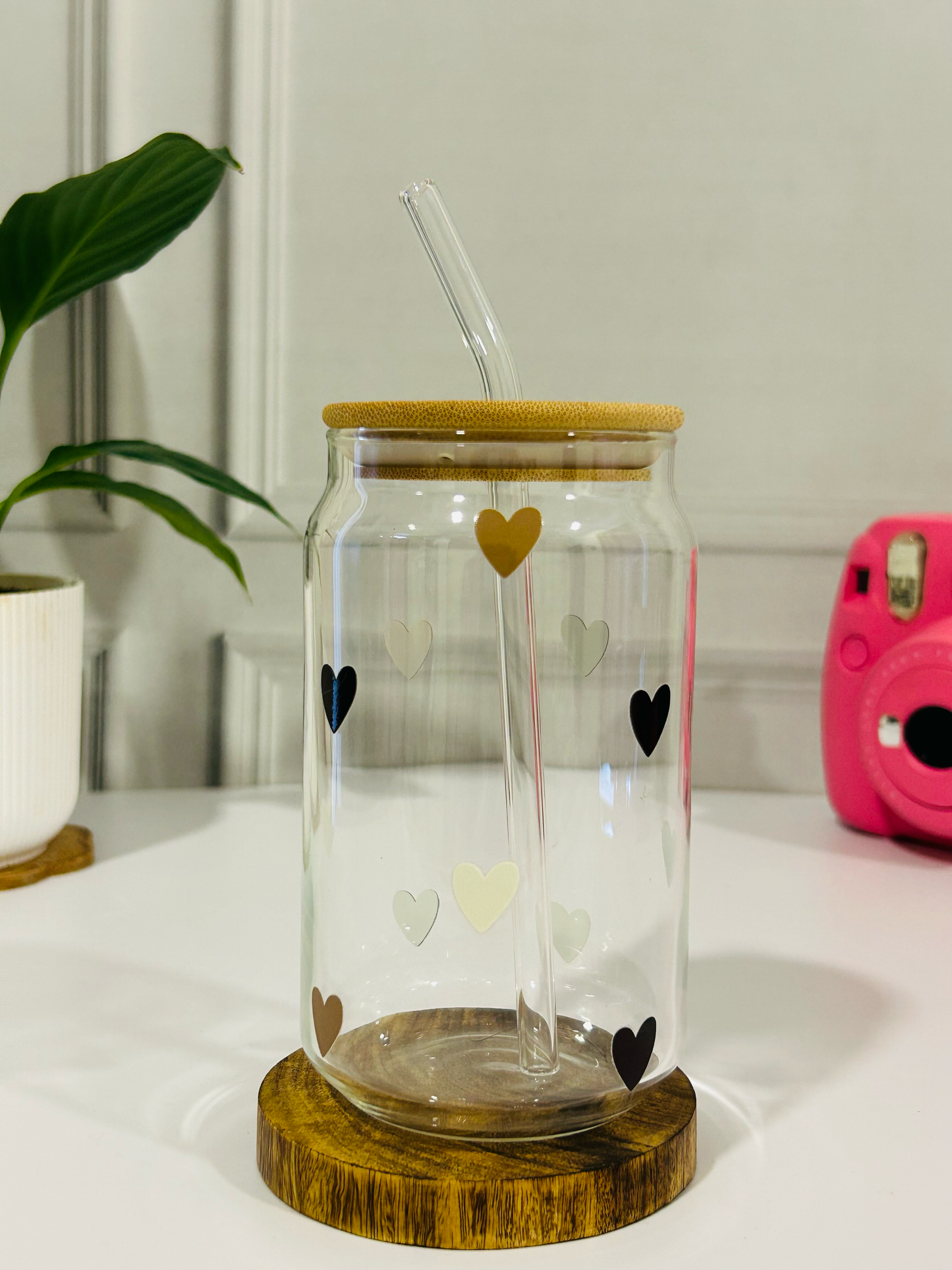 Monochrome Love- Glass Tumbler with Bamboo Lid & Straw