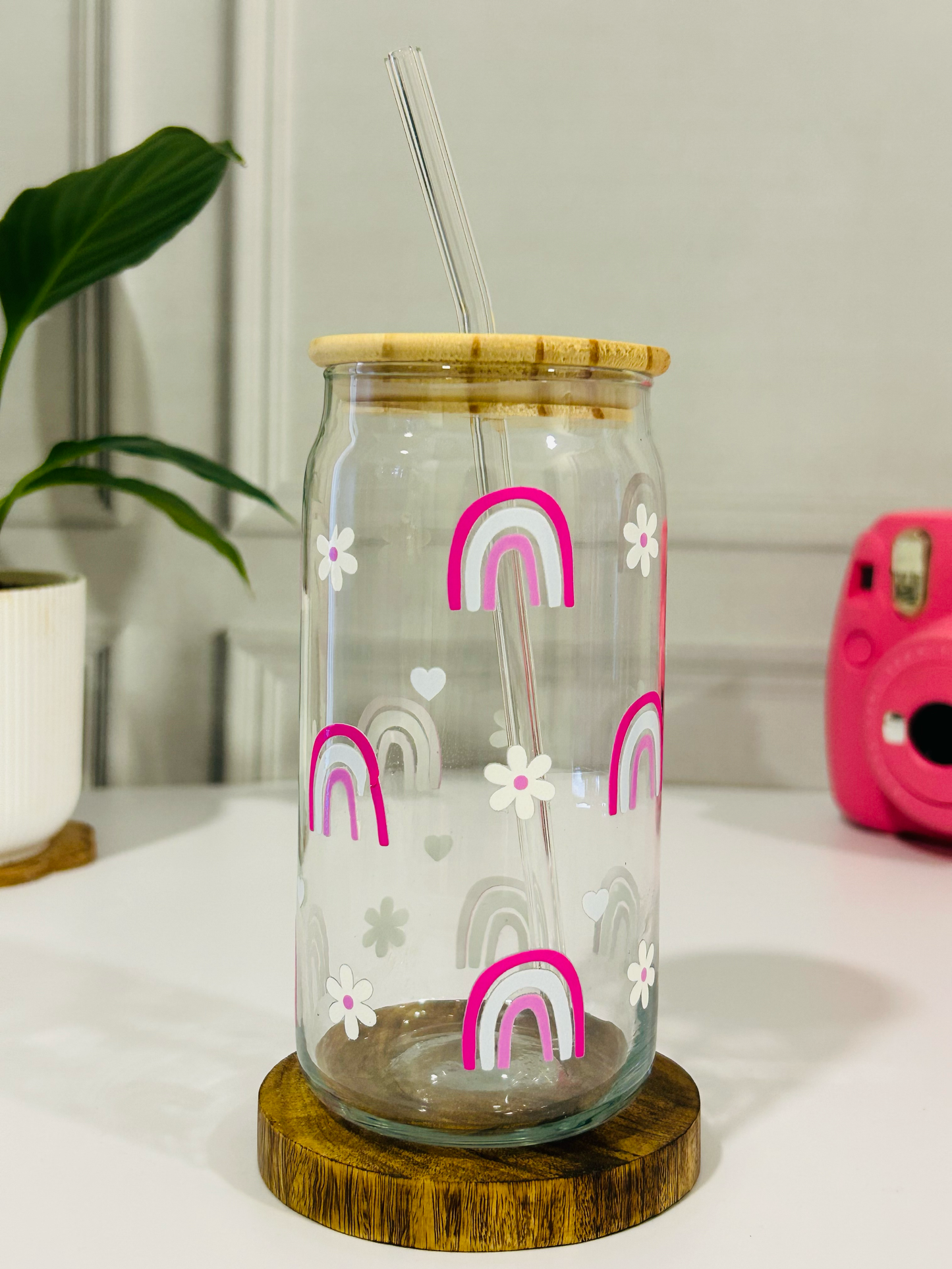Rainbow Bloom- Glass Tumbler with Bamboo Lid & Straw