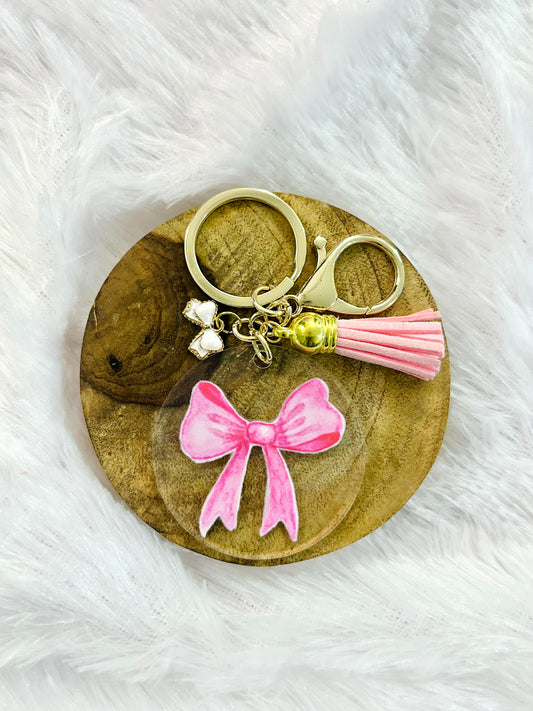 Pink Bow Coquette – Acrylic Keychain with Charm