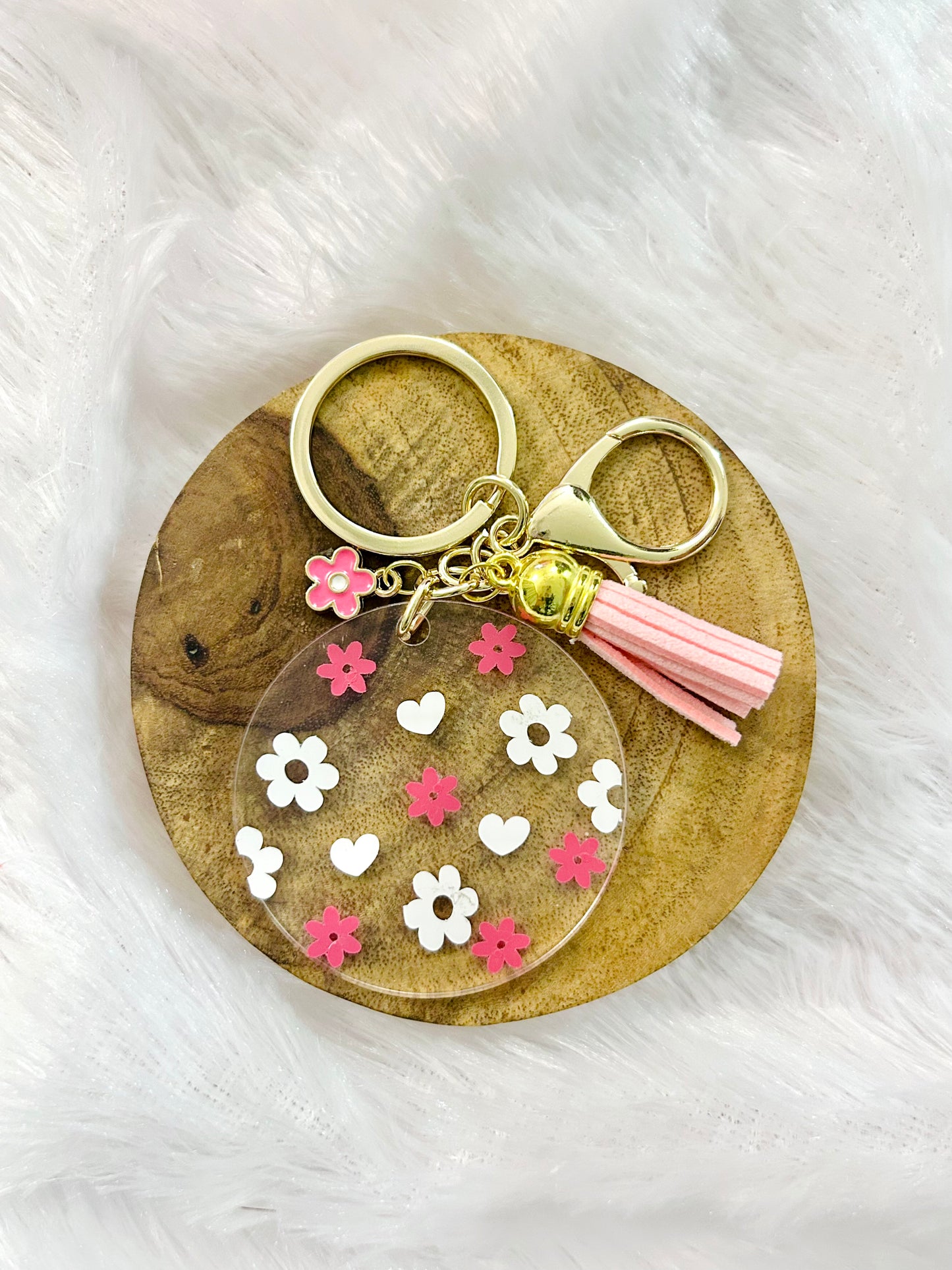Pink Flowers & Hearts – Acrylic Keychain with Charm