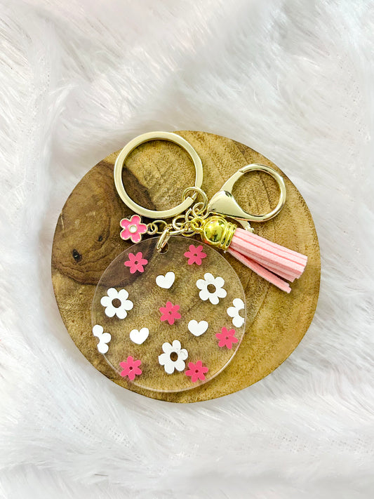 Pink Flowers & Hearts – Acrylic Keychain with Charm