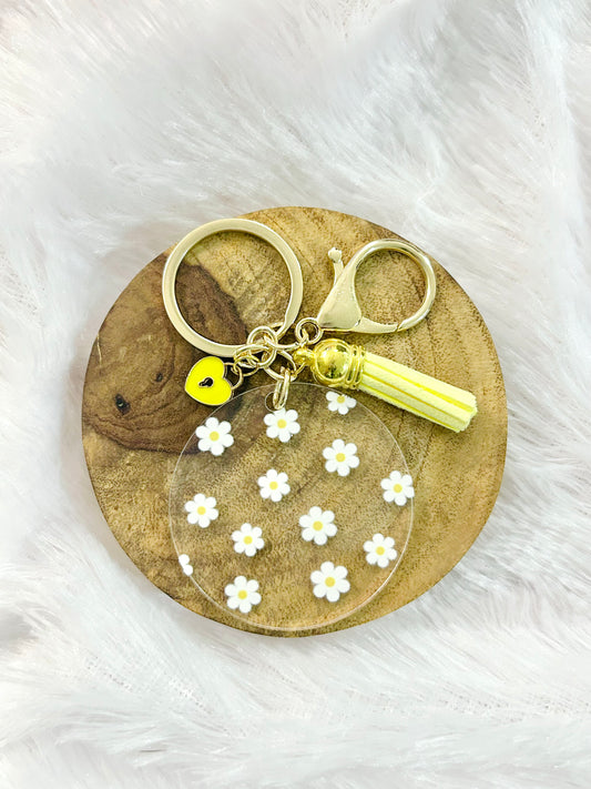 White Daisy Floral – Acrylic Keychain with Charm