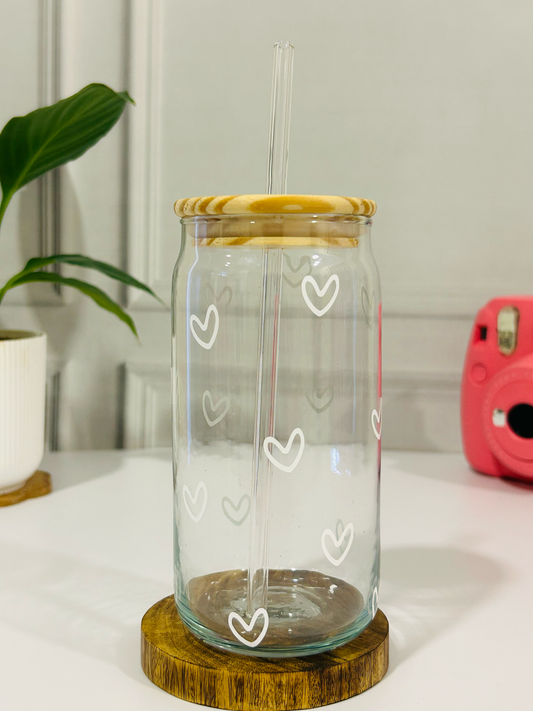 Outlined Love - Glass Tumbler with Bamboo Lid & Straw