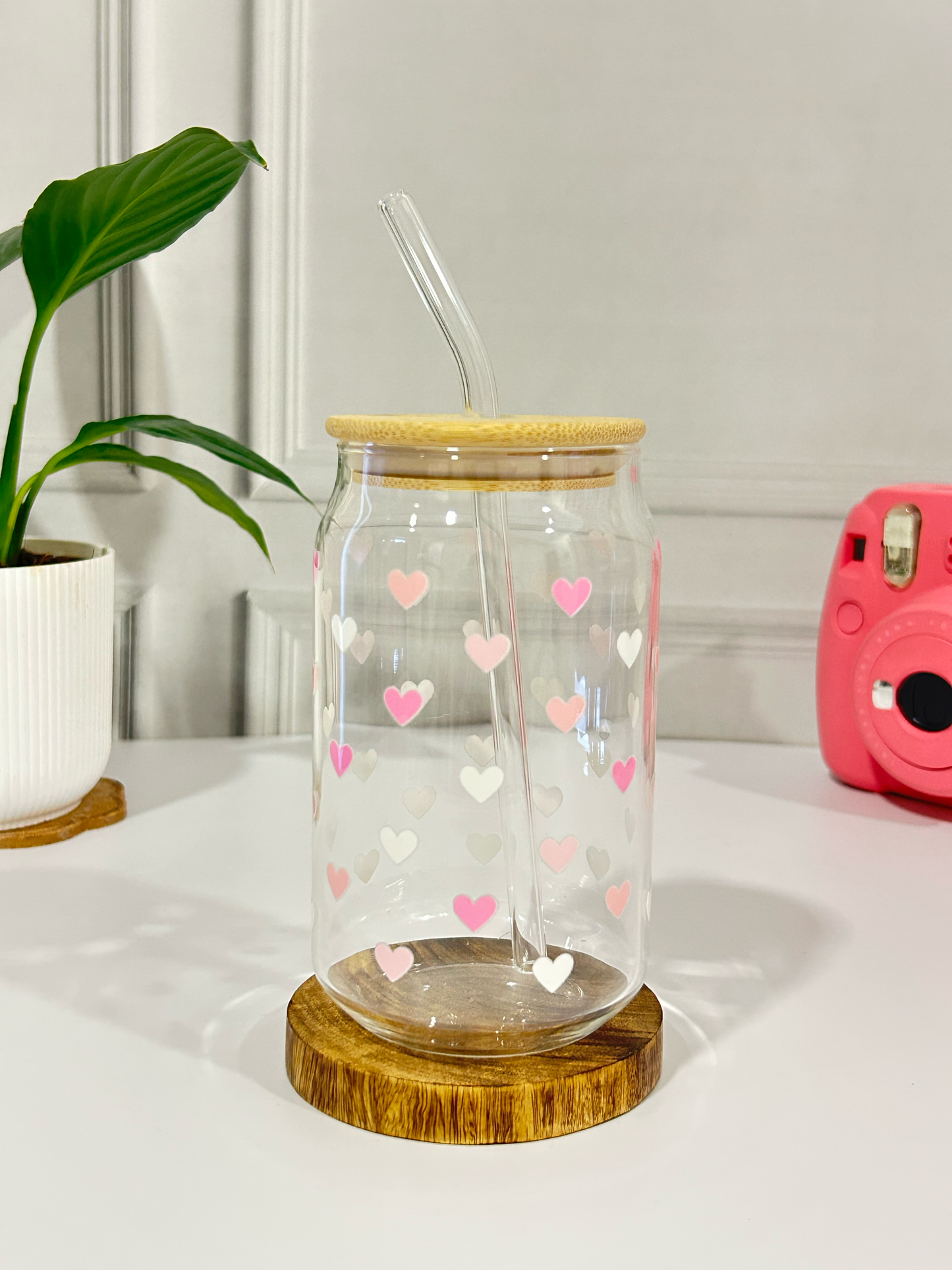 Blush Heart Latte - Glass Tumbler with Bamboo Lid & Straw