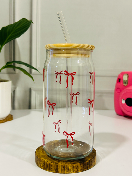 Cherry Ribbon- Glass Tumbler with Bamboo Lid & Straw